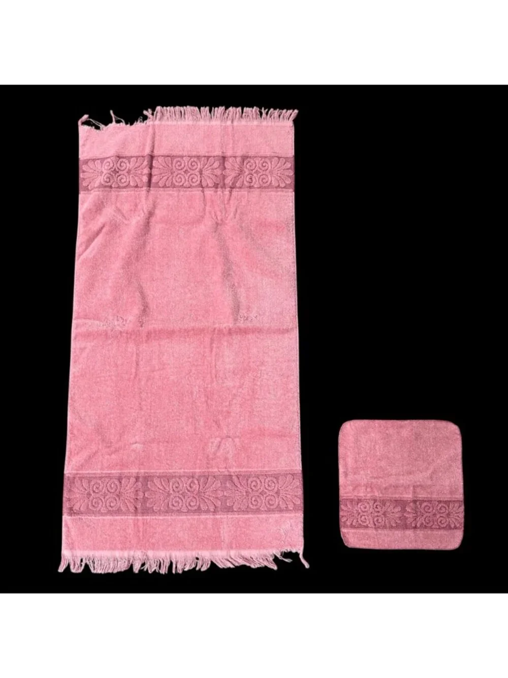 Vintage Pink Cannon Bath Towels Washcloths Set Sculpted Seashell Fringe 80s USA